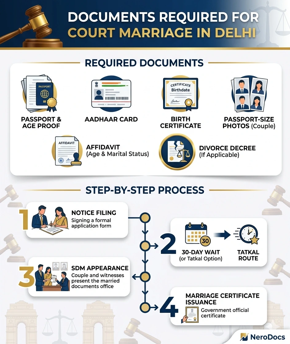 Court marriage documents required – address proof, age proof, affidavit and photographs for Delhi registration
