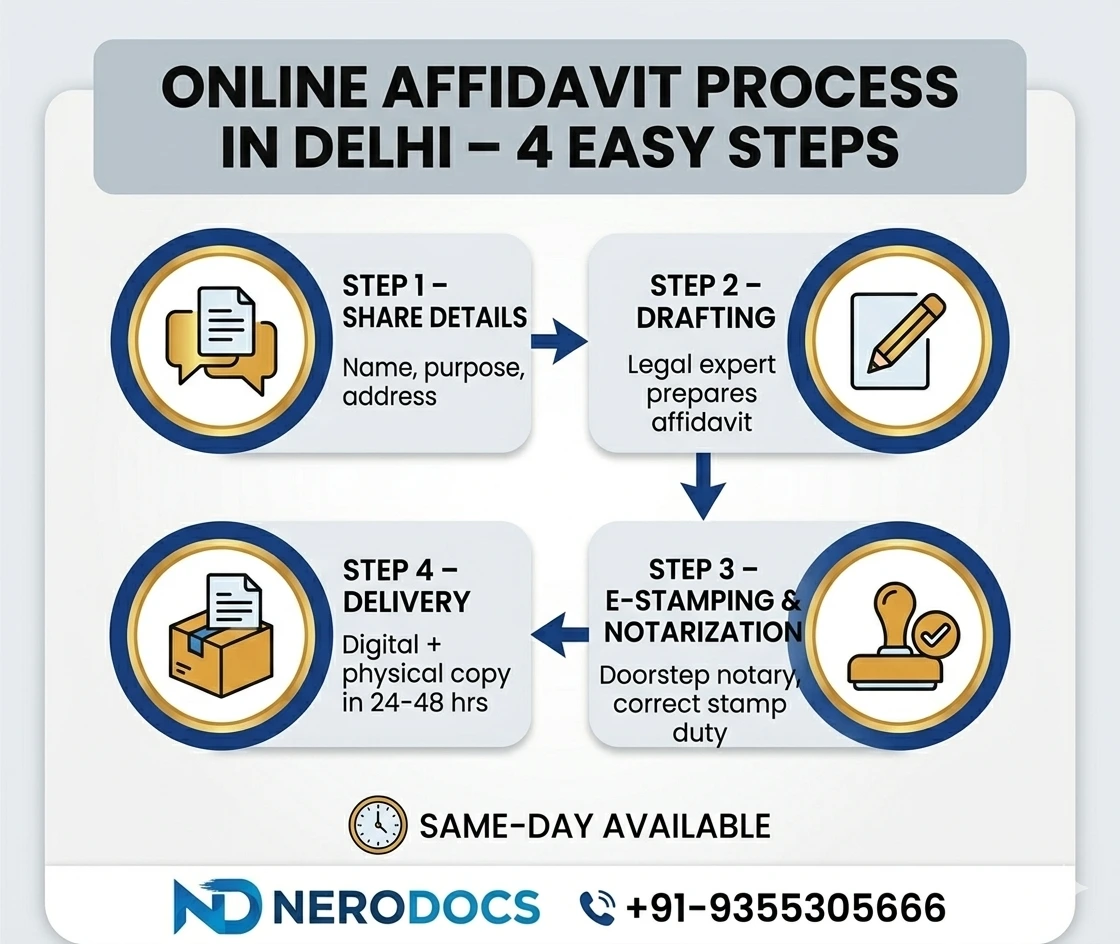 Step by step online affidavit process in Delhi – drafting, e-stamping, notarization, delivery