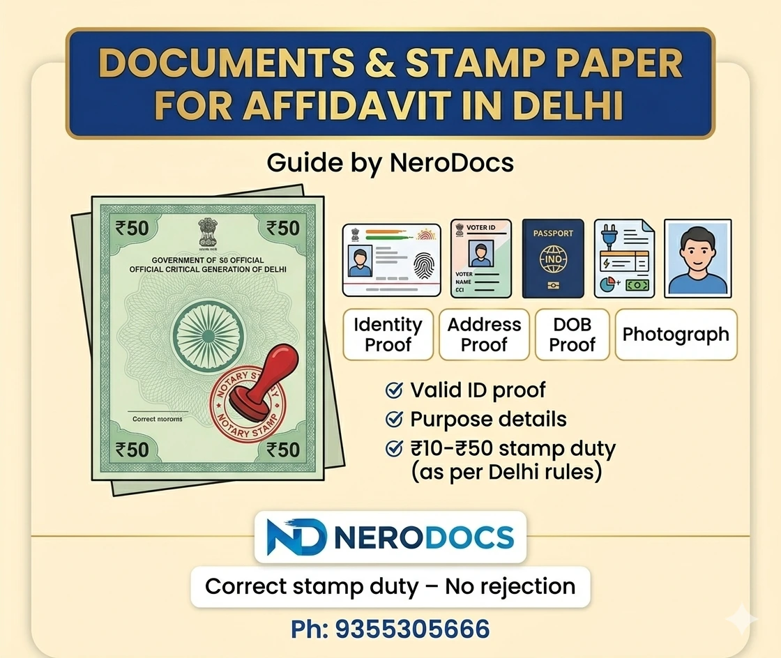 Stamp paper and documents required for notarized affidavit in Delhi